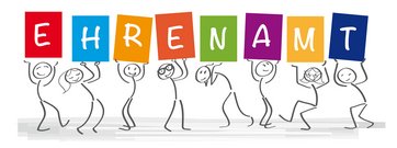 Grafik mit Männchen die Buchstaben hochhalten, sodass Ehrenamt lesbar ist