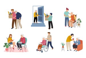 Grafik mit sechs Szenen in denen jüngere Menschen älteren im Alltag helfen: beim Einkaufen, Vorlesen, Besuchen oder Rollstuhlschieben