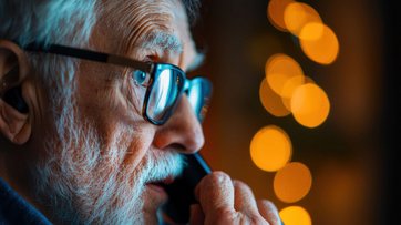 Bild mit Gesicht eines alten Mannes mit Brille, der einen Telefonhörer in der Hand hält