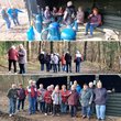 drei Bilder einer Gruppe von Seniorinnen und Senioren: Rast an einer Hütte mit Thermoskannen, Wanderung auf dem Waldweg, Gruppenbild vor Holzhütte