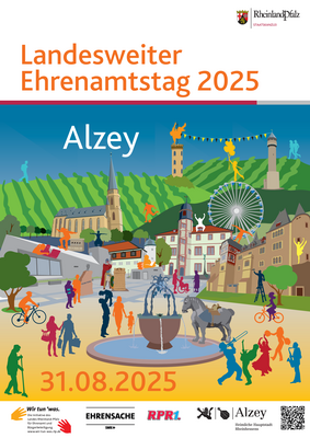 Poster mit Informationen zum Ehrenamtstag, grafische Darstellung von Menschen und Sehenswürdigkeiten der Stadt Alzey
