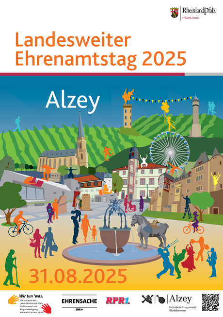 Poster mit Informationen zum Ehrenamtstag, grafische Darstellung von Menschen und Sehenswürdigkeiten der Stadt Alzey