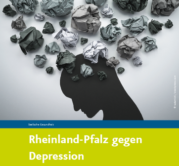 Grafik eines gebeugten Kopfes im Profil in schwarz, darunter Schriftzug Rheinland-Pfalz gegen Depression