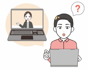 Zeichengrafik, Mann vor Laptop mit Fragezeichen, auf einem Laptopbildschirm erklärt eine Frau