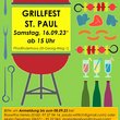 Bunt gestaltetes Plakat mit Einladung zum Grillfest in St. Paul, Zeit und Ortsangabe