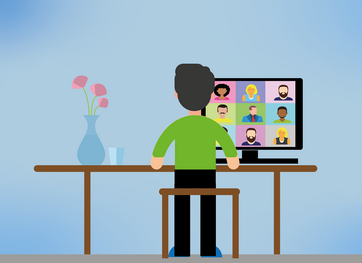 Bunte Grafik: Mann am Schreibtisch mit Tasse und Blumen blickt auf Bildschirm mit Teilnehmenden einer Online-Veranstaltung