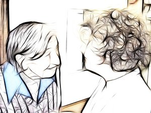 Zeichnung einer lächelnden alten Dame mit Demenz der sich eine pflegende/unterstützende Frau zuwendet