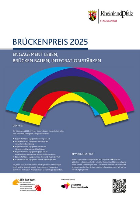 Plakat mit grafischen bunten Brückenbögen und Informationen zum Brückenpris