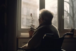 Alter Frau im Rollstuhl sitzt am Fenster